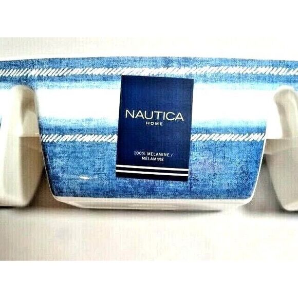 Nautica Canoe Boat Serving Bowl 3-Sections 16-in Long Party Tray White Blue NEW - Picture 3 of 5